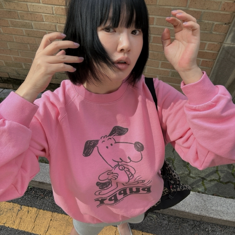 韓國 VL 長袖定番大學T 插畫狗勾 粉