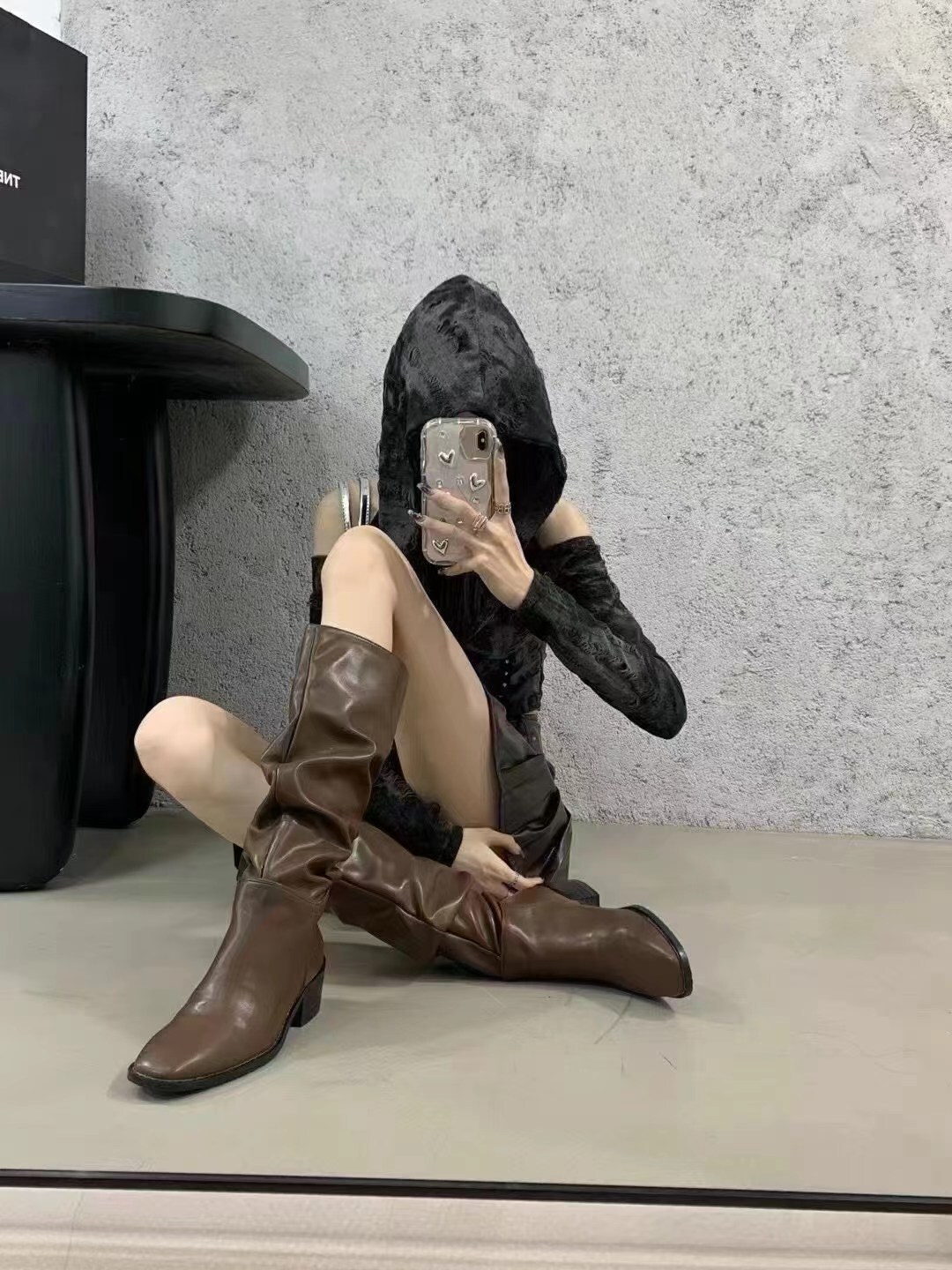 皮革皺褶長靴(黑37)