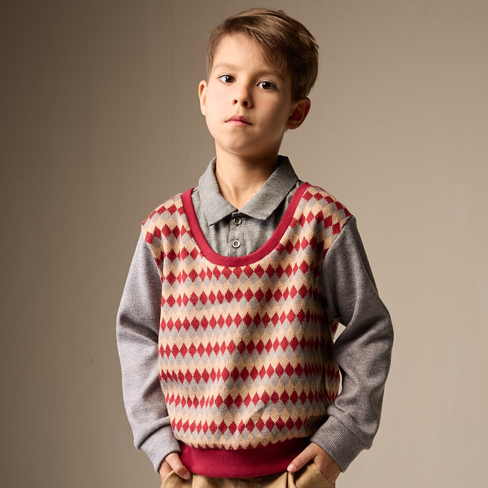 PIPPY 紳士翻領格紋背心假兩件長袖上衣 紅