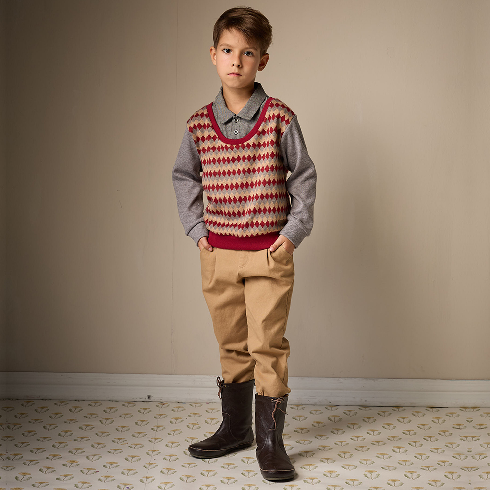 PIPPY 紳士翻領格紋背心假兩件長袖上衣 紅