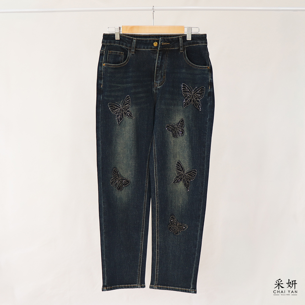 蝴蝶燙鑽牛仔窄管九分褲