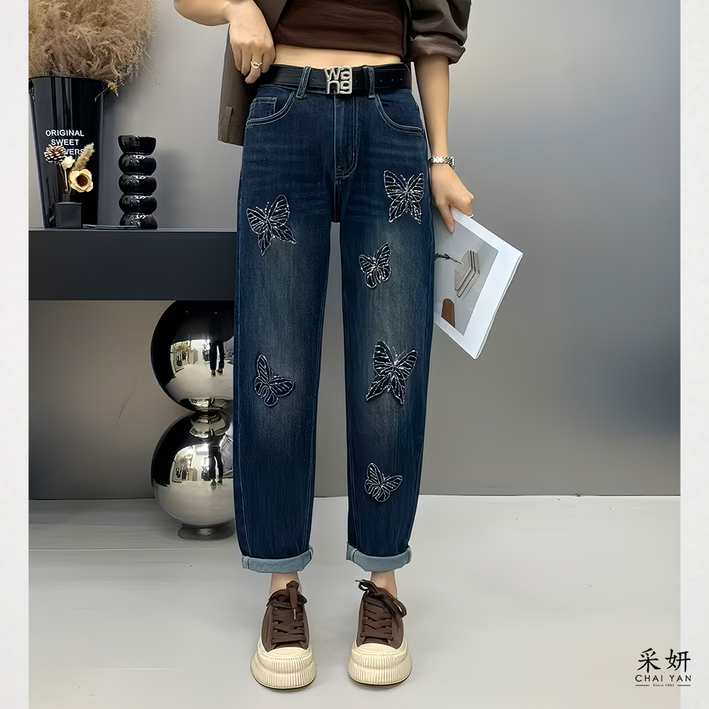 蝴蝶燙鑽牛仔窄管九分褲