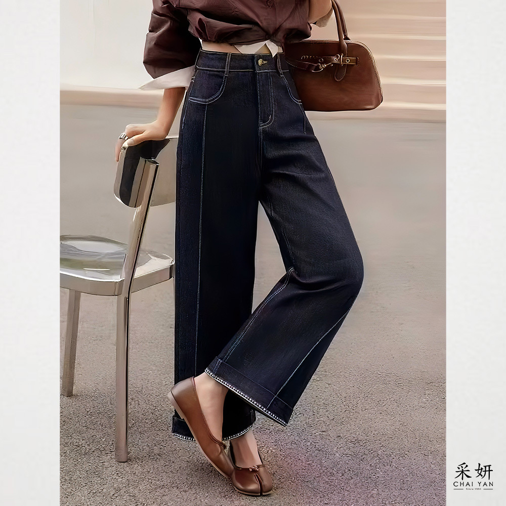 民族風刺繡褲腳牛仔寬長褲