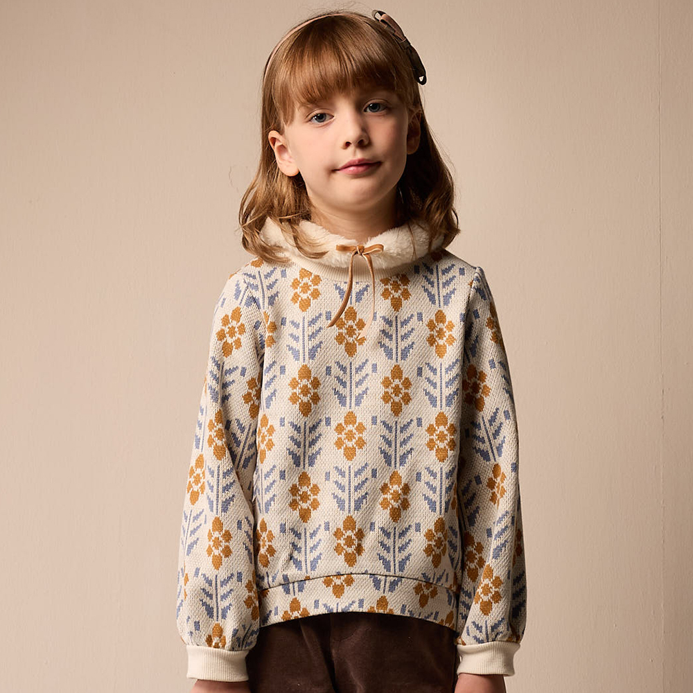 PIPPY 甜美浪漫印花氣質可拆式毛領長袖上衣 藍