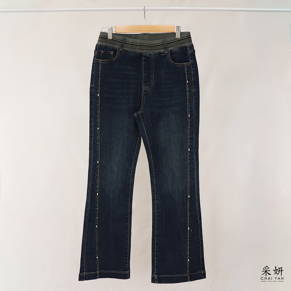 條紋跳色鬆緊牛仔喇叭長褲