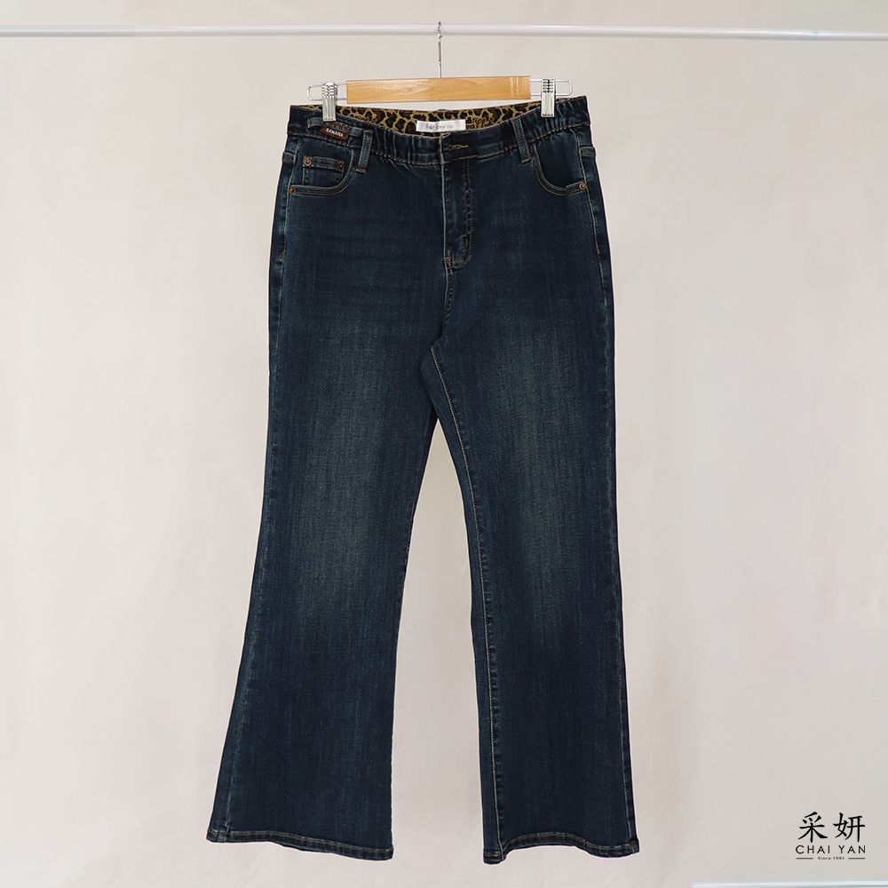 豹紋內腰頭鬆緊腰牛仔喇叭長褲