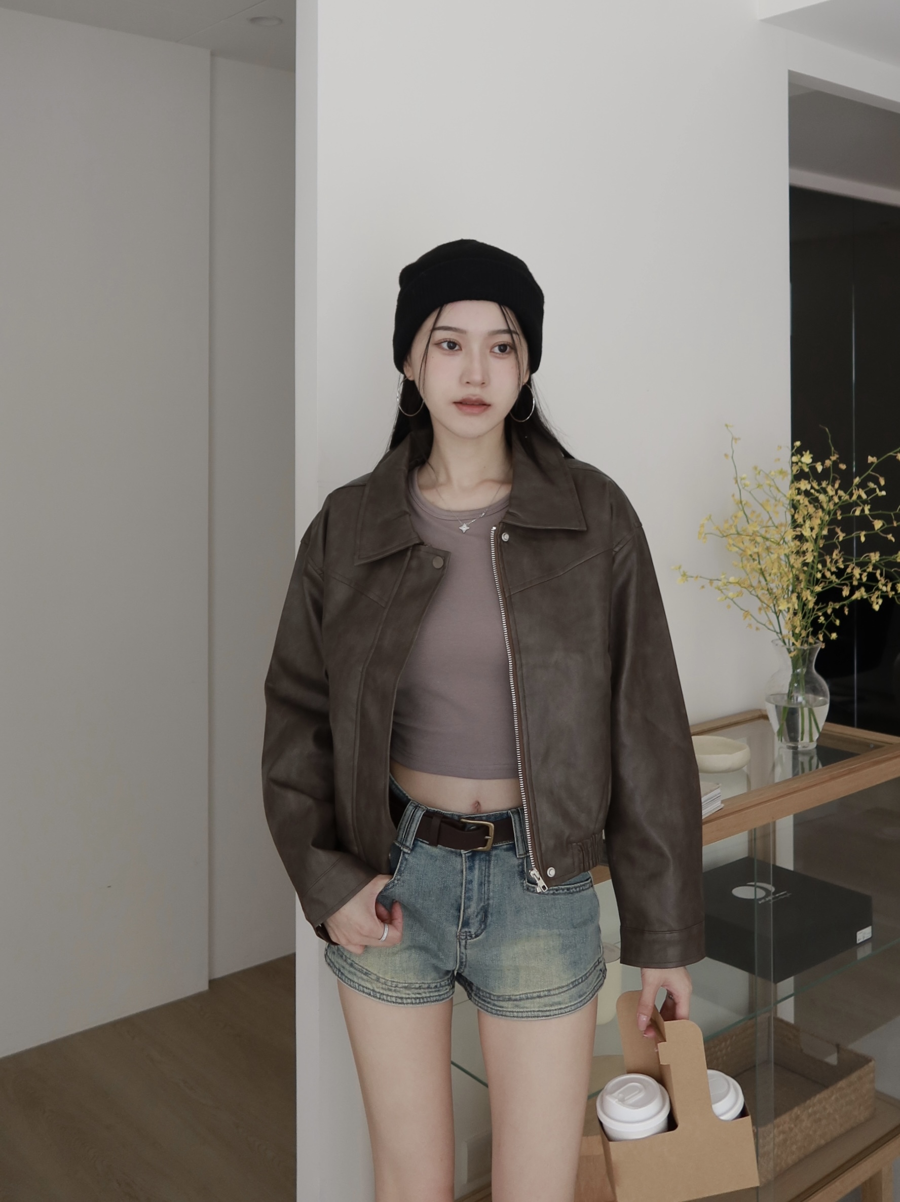 復古洗色翻領皮衣外套