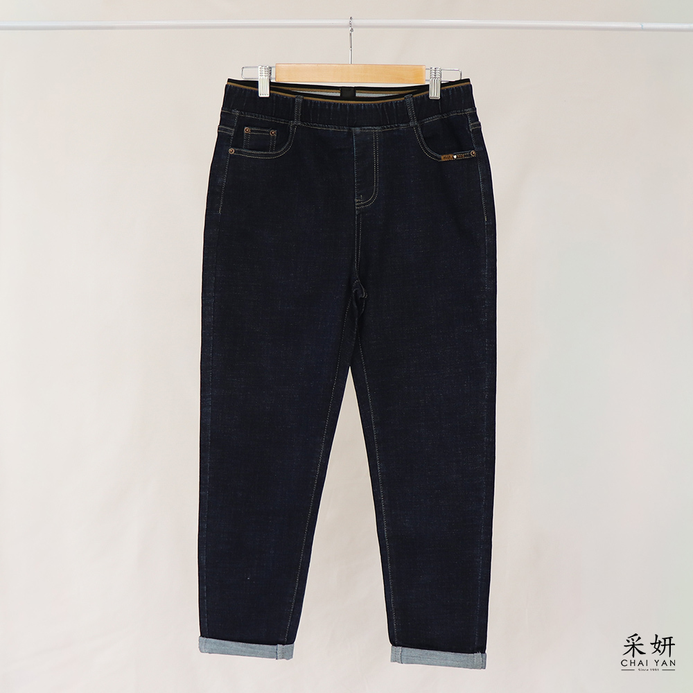 條紋內側腰頭鬆緊腰牛仔窄管九分褲