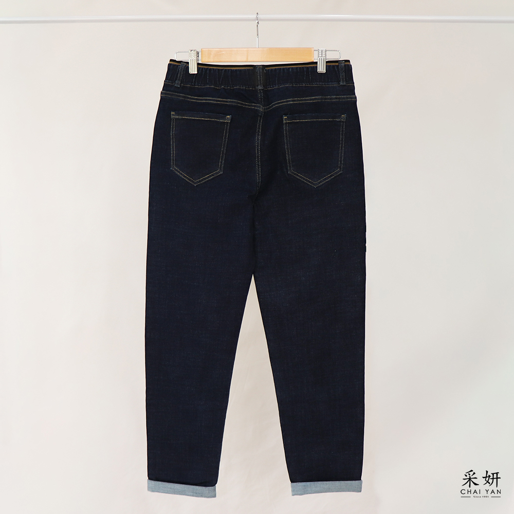 條紋內側腰頭鬆緊腰牛仔窄管九分褲