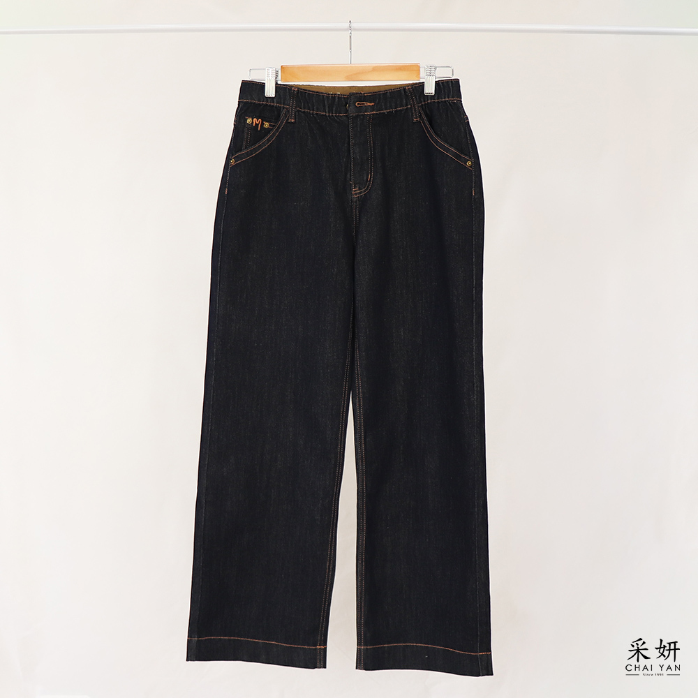 口袋字母刺繡鬆緊腰牛仔寬長褲