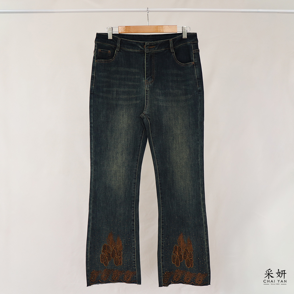 植物刺繡水鑽燙印牛仔喇叭長褲