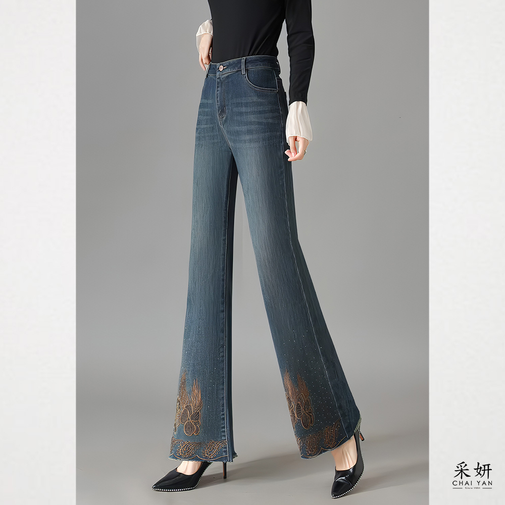 植物刺繡水鑽燙印牛仔喇叭長褲