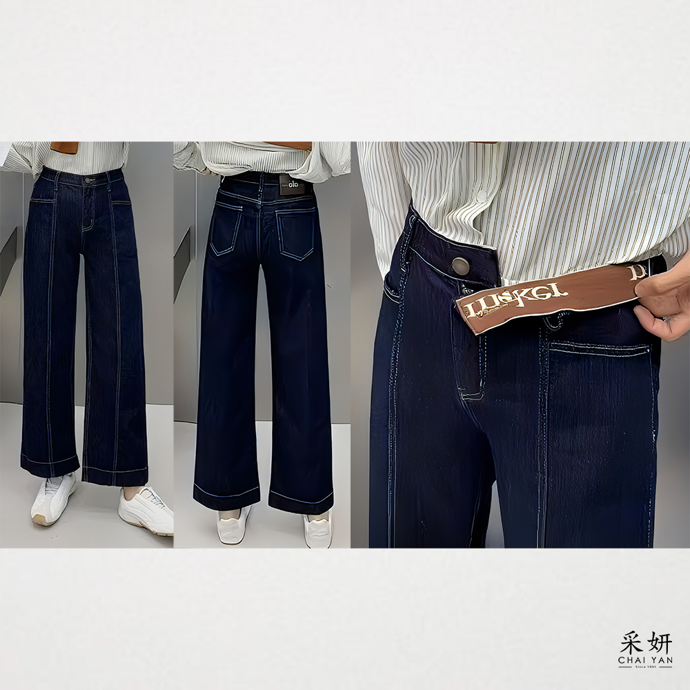 後腰字母皮標鬆緊腰牛仔寬長褲