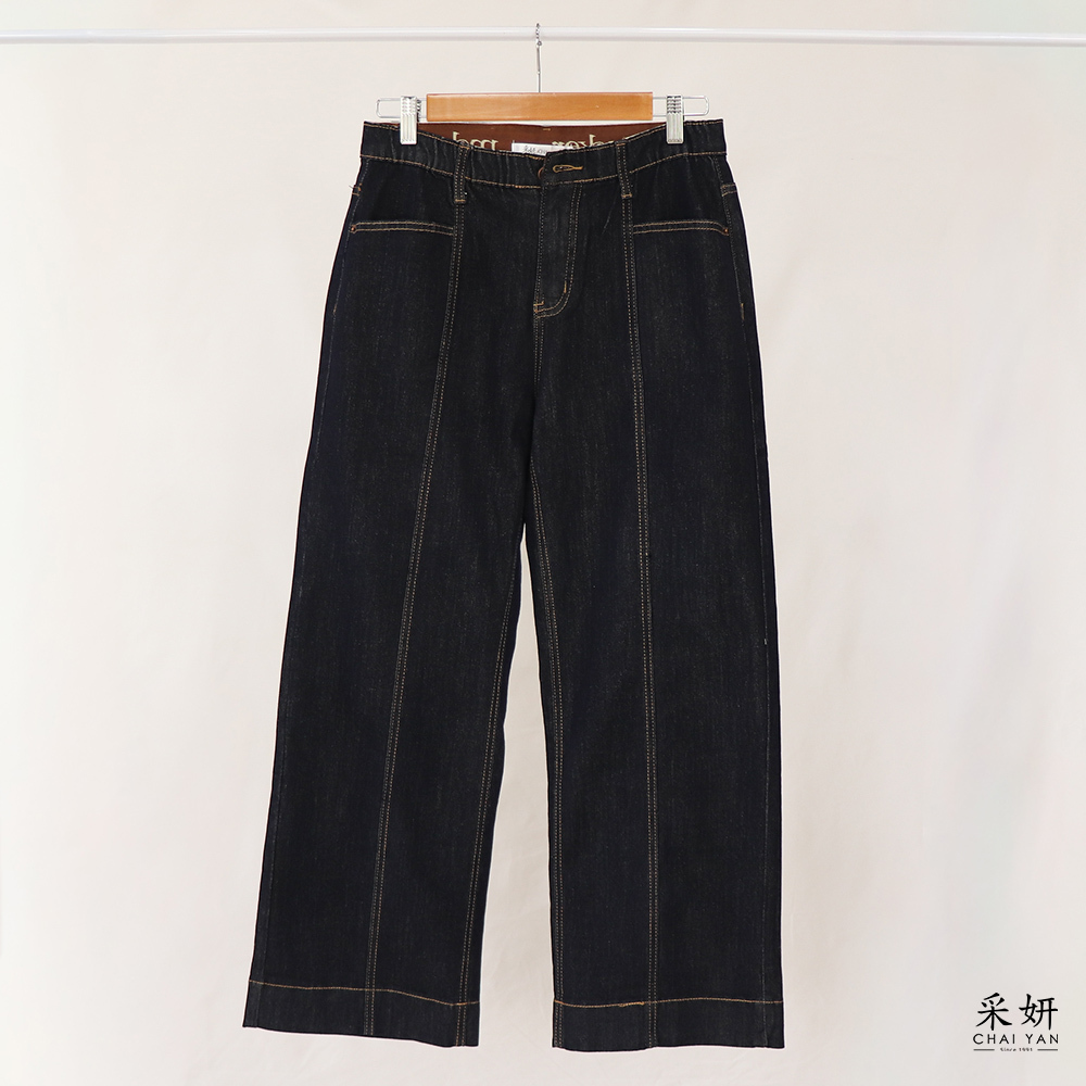 後腰字母皮標鬆緊腰牛仔寬長褲