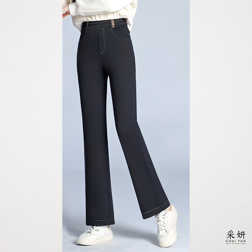 皮製腰帶圈軟牛仔鬆緊直筒長褲