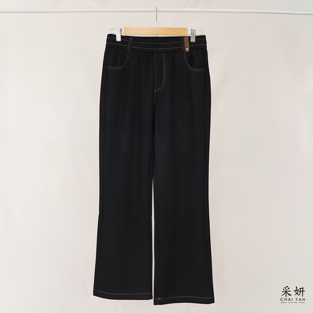 皮製腰帶圈軟牛仔鬆緊直筒長褲