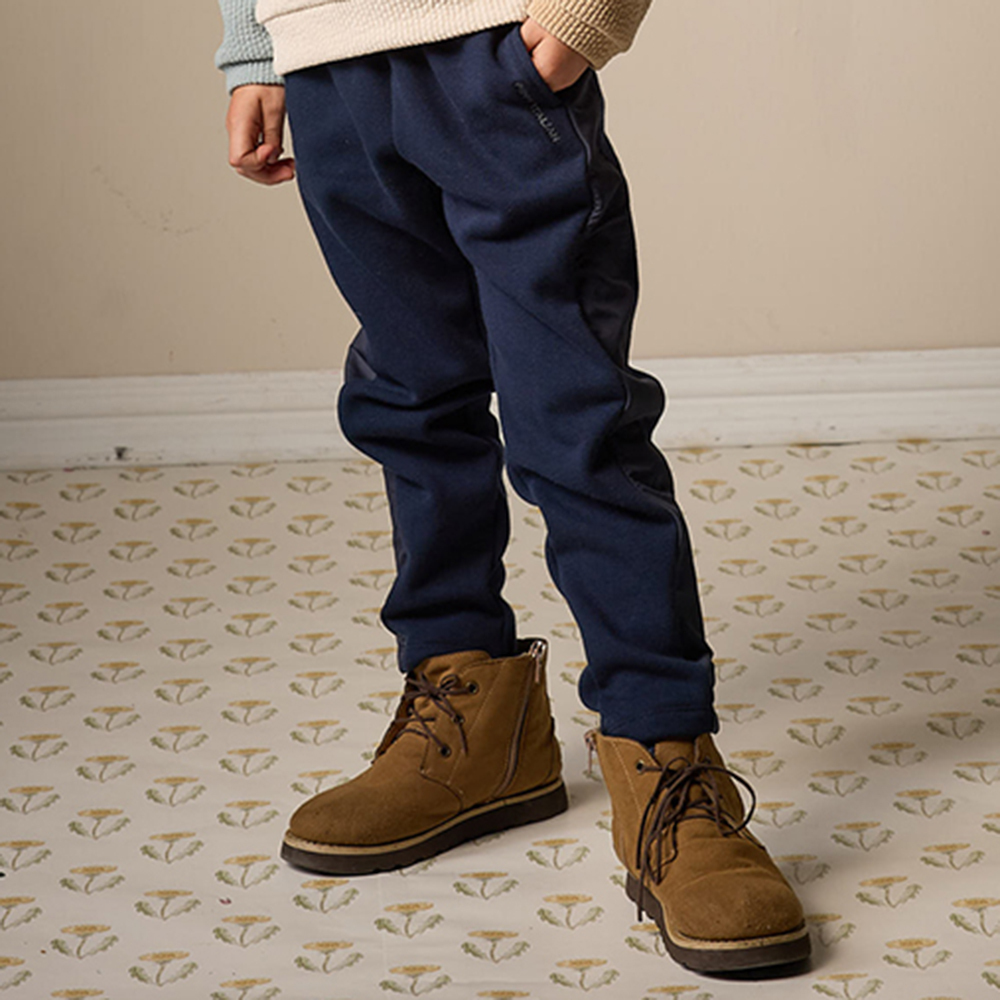 PIPPY 休閒剪接風衣布抽繩鬆緊長褲 藍