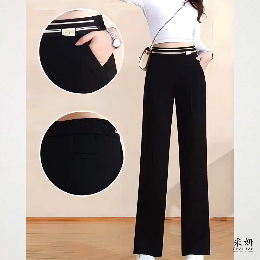 前條紋網布後腰鬆緊休閒直筒長褲