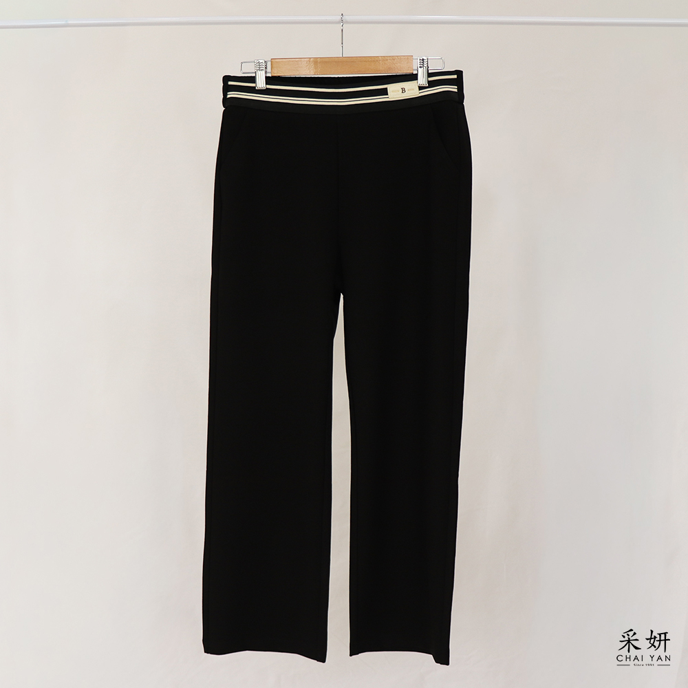 前條紋網布後腰鬆緊休閒直筒長褲