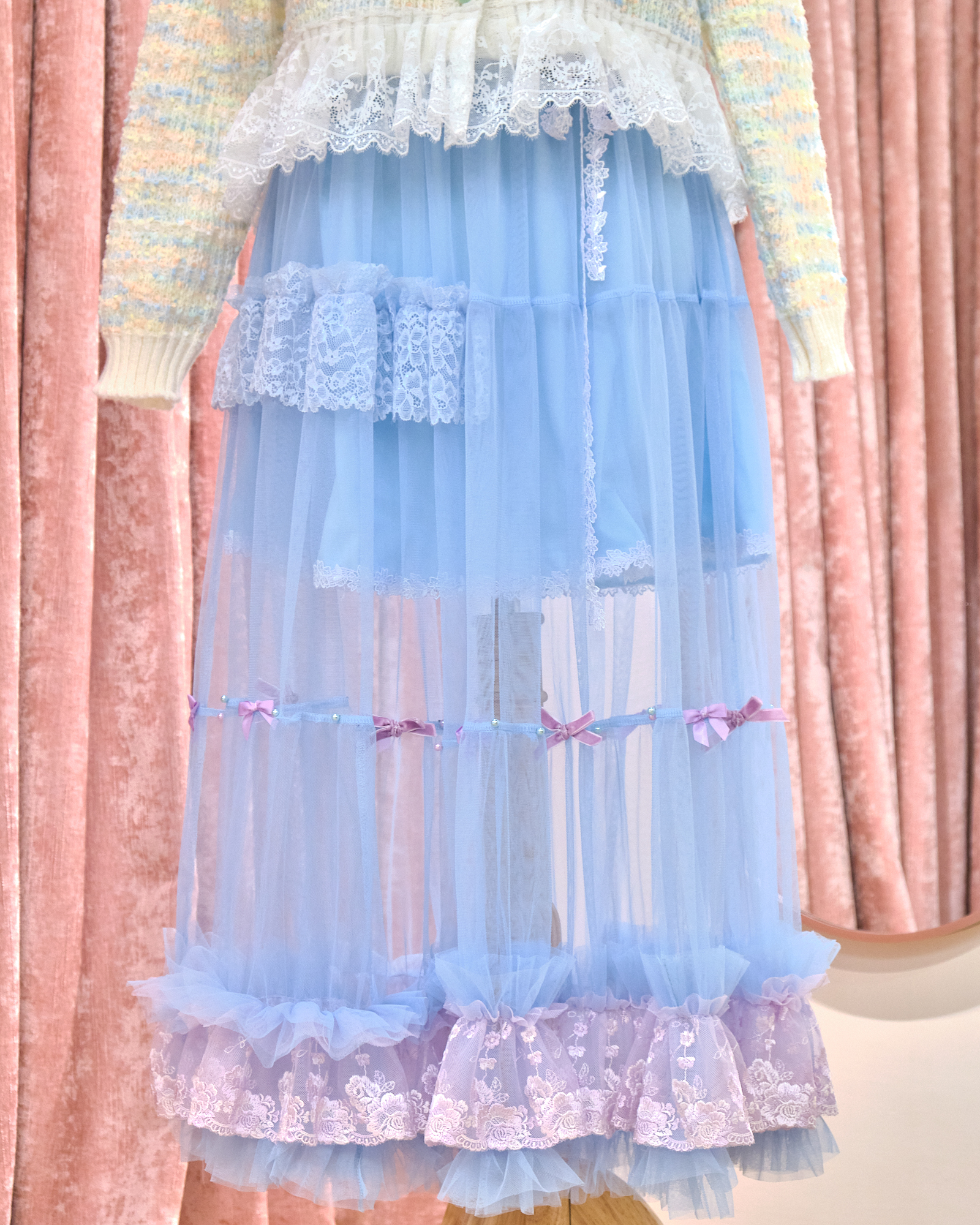 12890 Puffy Cloud Ruffle Hem Sheer Mid-Length Skirt