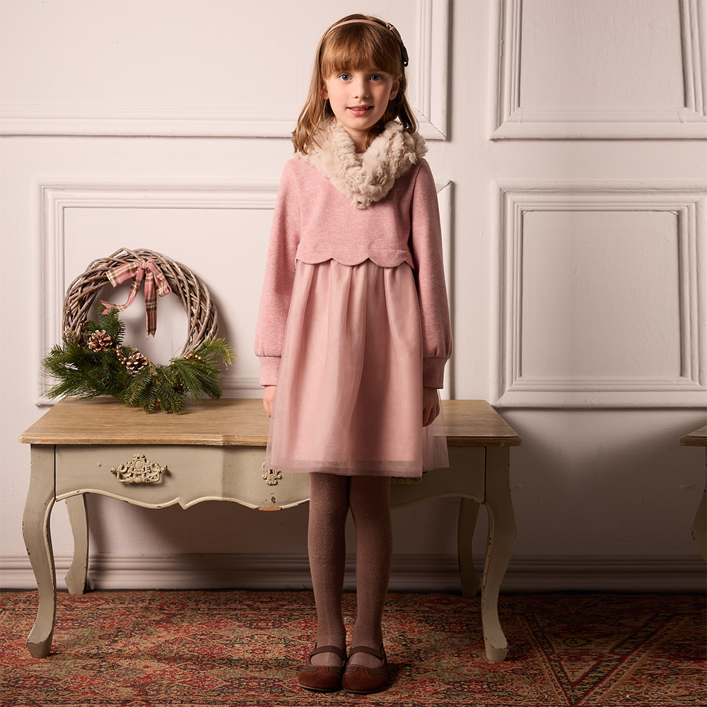 PIPPY  典雅仿毛線假兩件網紗連身裙洋裝 粉