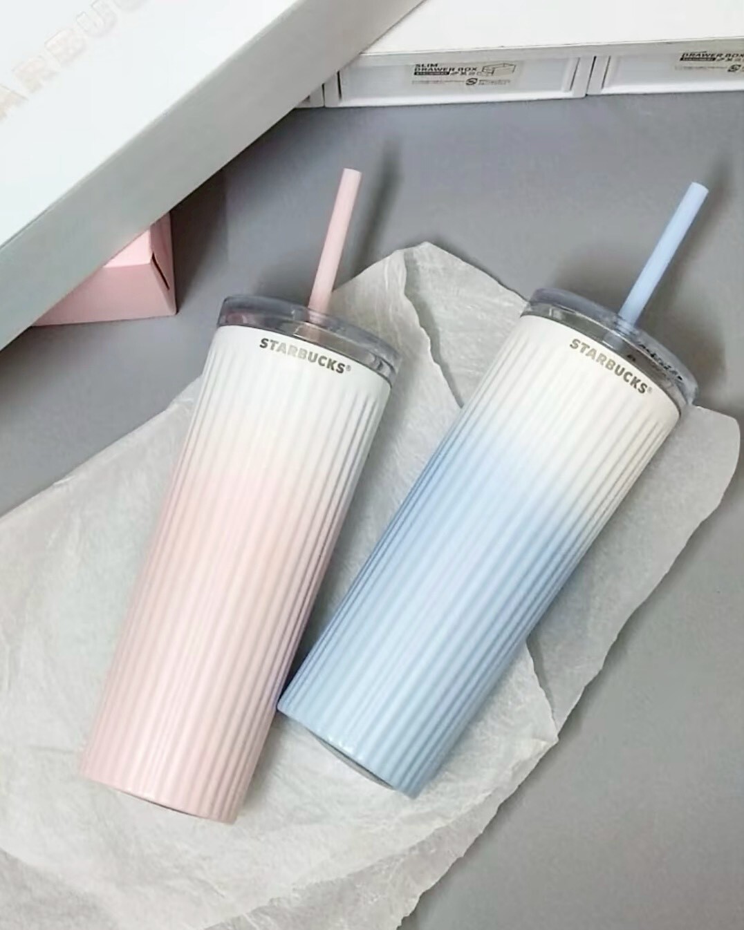 Starbucks 星巴克 海鹽藍/櫻花粉白 漸層 吸管杯 薯條杯 雙飲杯 環保杯 473ml