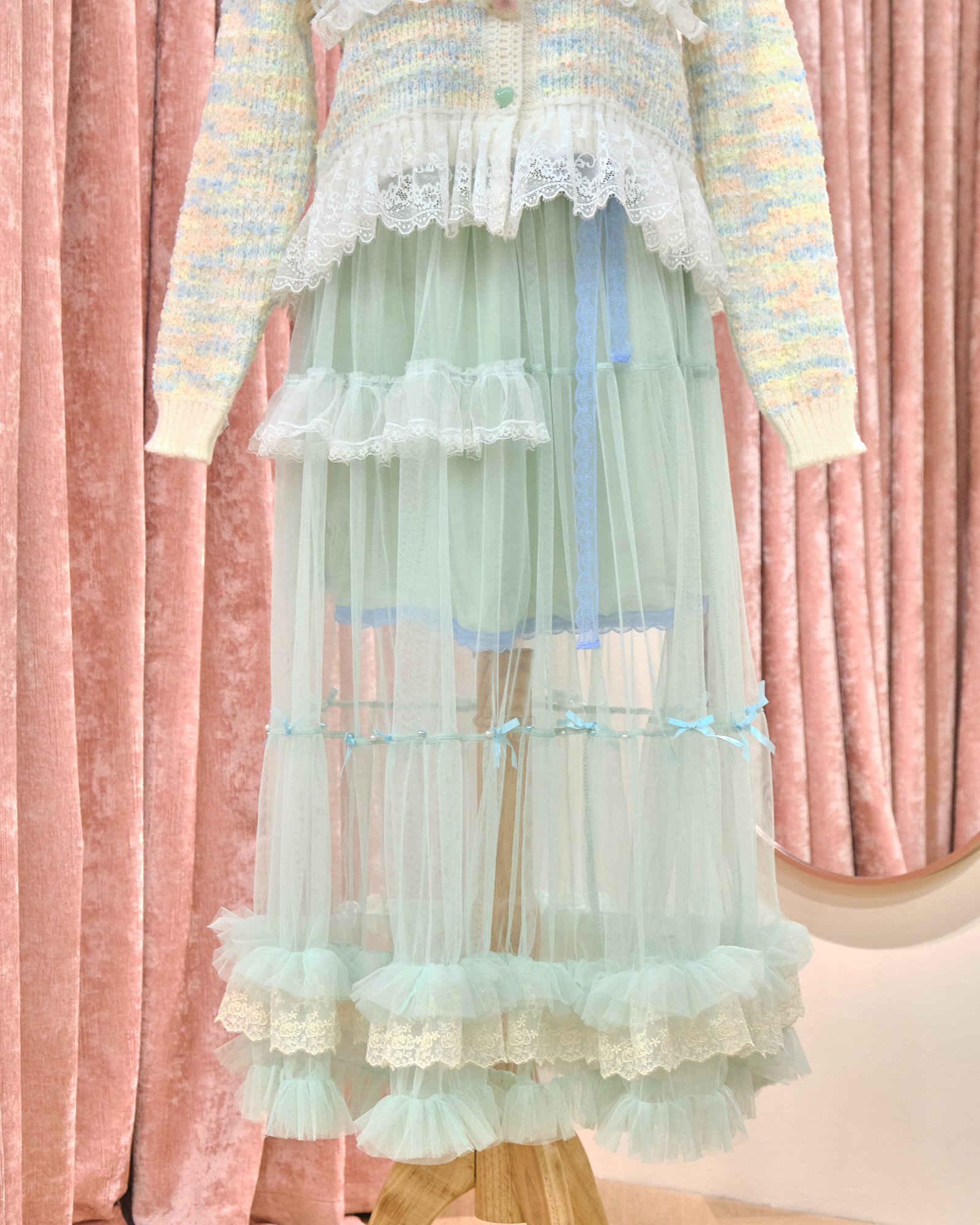 12888 Puffy Cloud Ruffle Hem Sheer Mid-Length Skirt