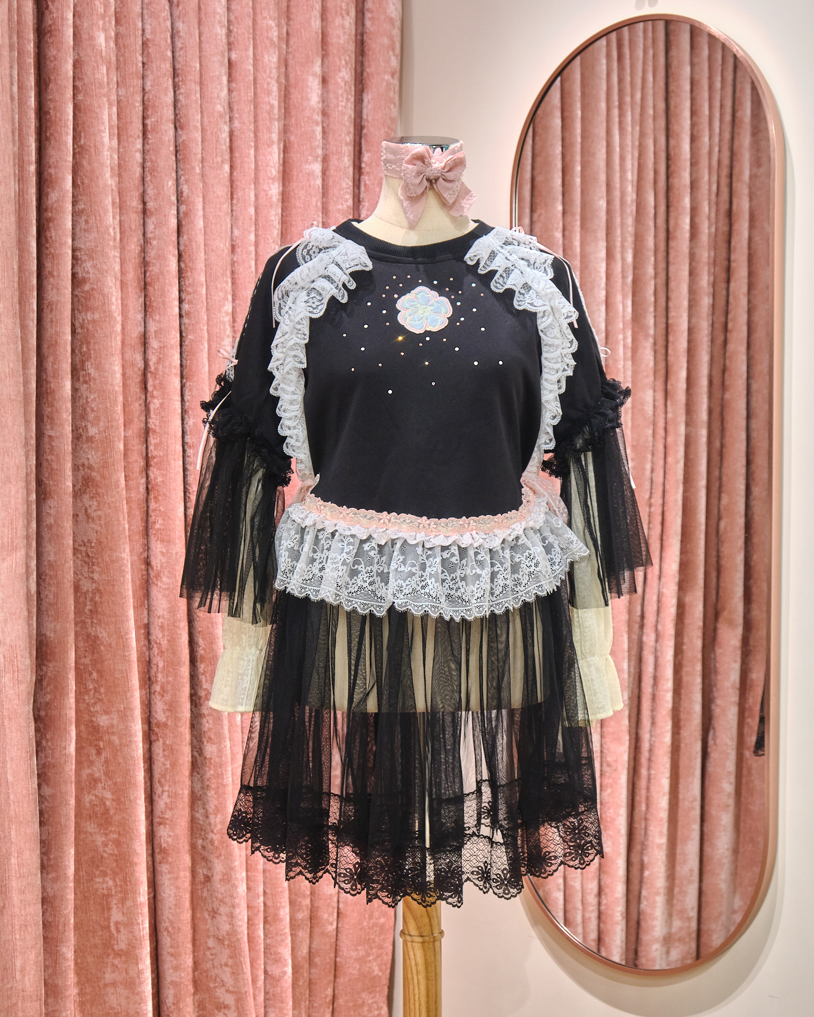 12868 Sheer Wide-Sleeve Rhinestone Long Round-Neck Hoodie With Sheer Skirt Cover