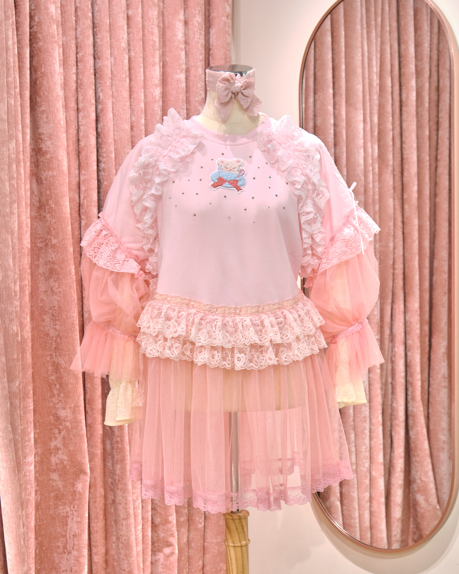 12867 Sheer Wide-Sleeve Rhinestone Long Round-Neck Hoodie With Sheer Skirt Cover