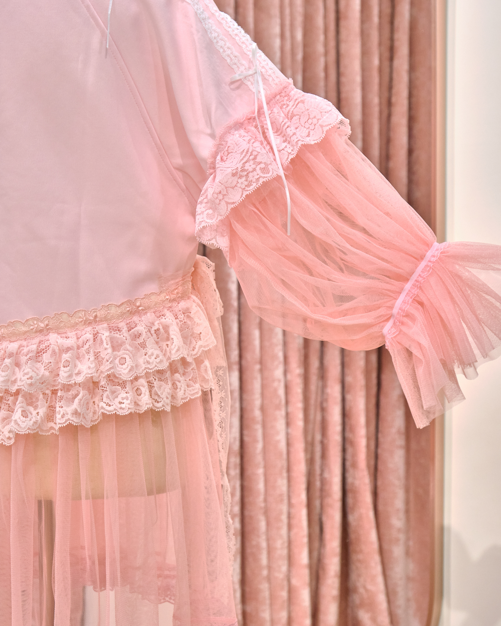 12867 Sheer Wide-Sleeve Rhinestone Long Round-Neck Hoodie With Sheer Skirt Cover