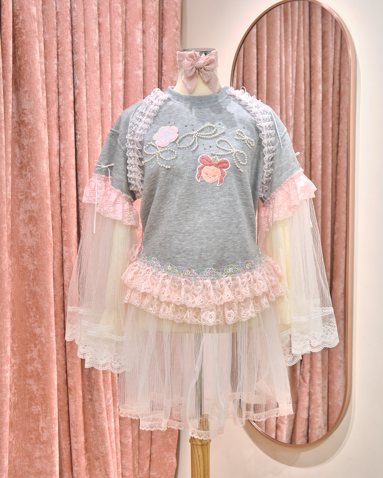 12866 Sheer Wide-Sleeve Rhinestone Long Round-Neck Hoodie With Sheer Skirt Cover