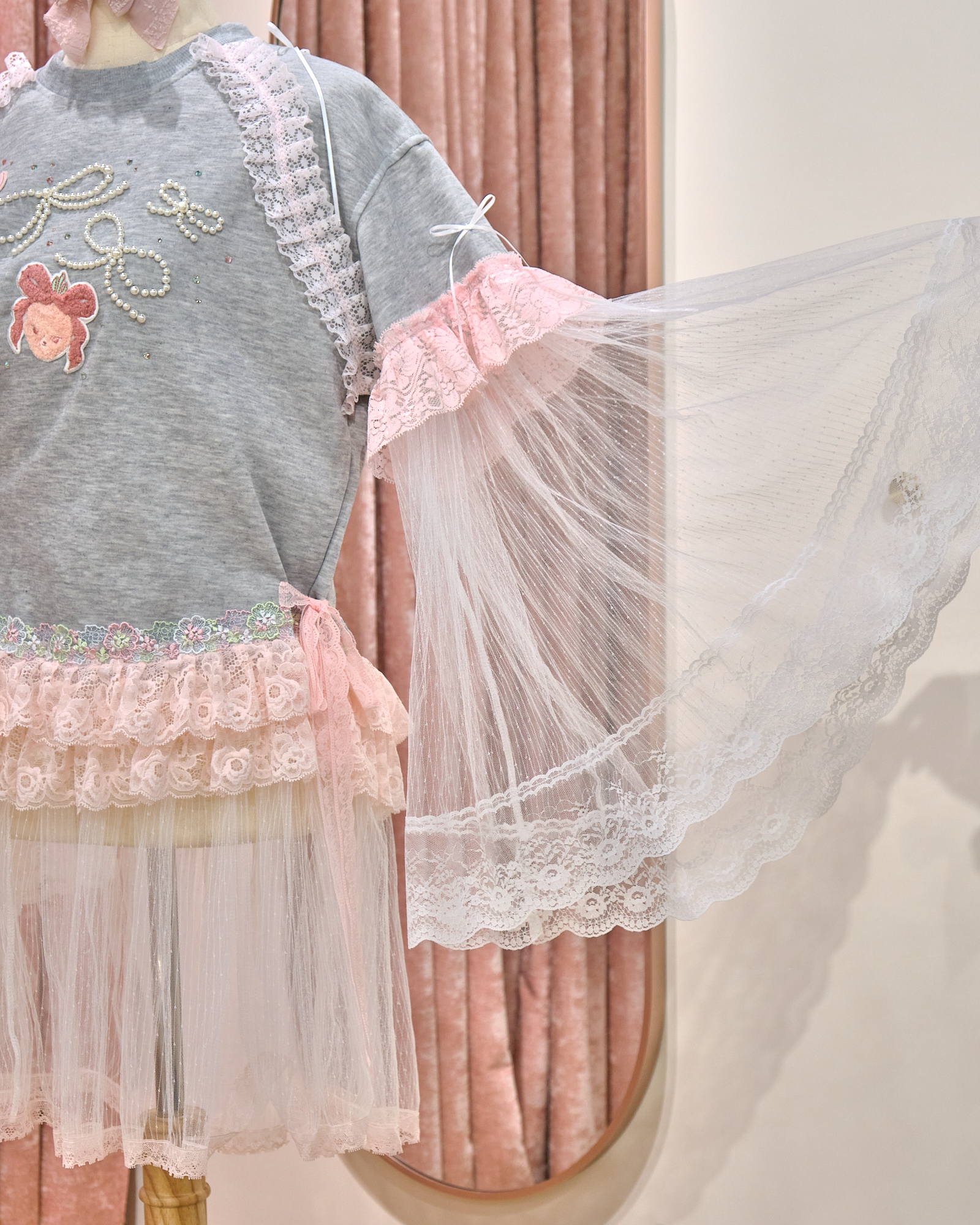 12866 Sheer Wide-Sleeve Rhinestone Long Round-Neck Hoodie With Sheer Skirt Cover