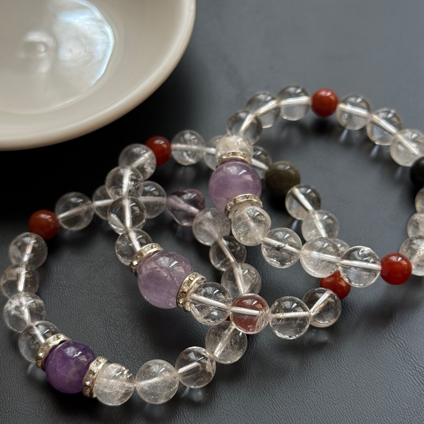 [原石] 紫水晶+白水晶+紅瑪瑙 設計款手串