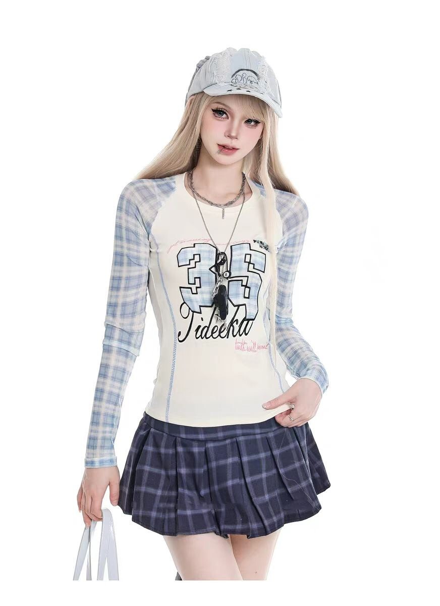 格子接袖T