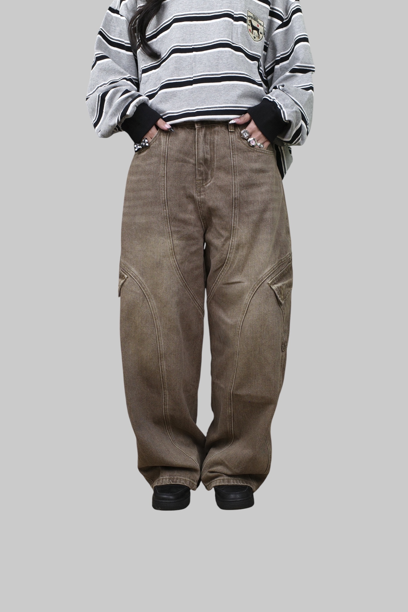 『Always_Good』水洗 漸層 拼接 大口袋 彎刀 長褲