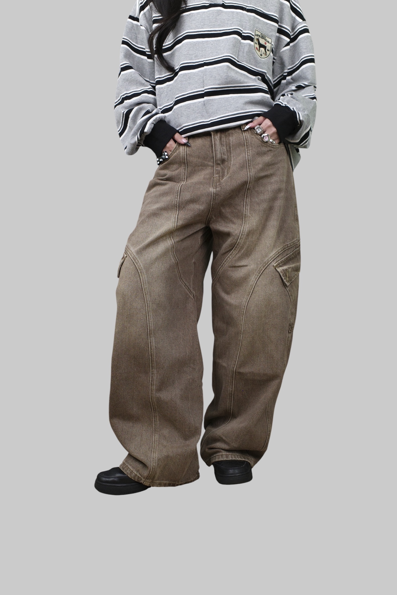 『Always_Good』水洗 漸層 拼接 大口袋 彎刀 長褲