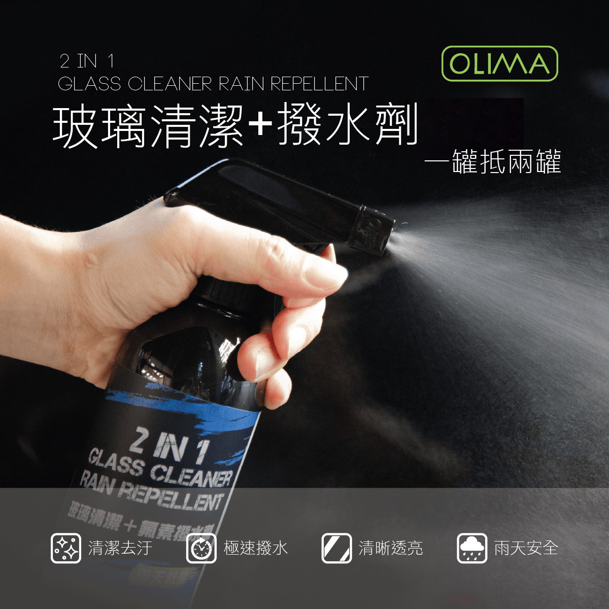 OLIMA玻璃清潔+撥水劑 2合一500ml 清潔+撥水 送魚鱗格玻璃布
