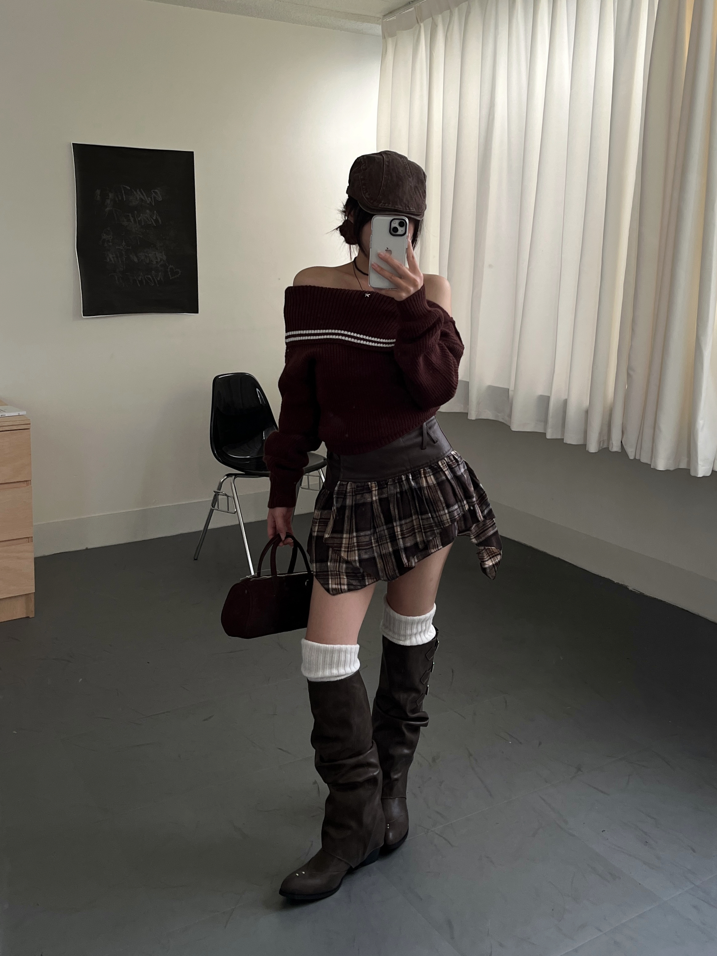 入秋新寵拼接格紋不規則皮裙