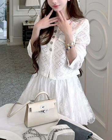 設計師家菱格紋鏤空香風外套+多裁片網紗裙