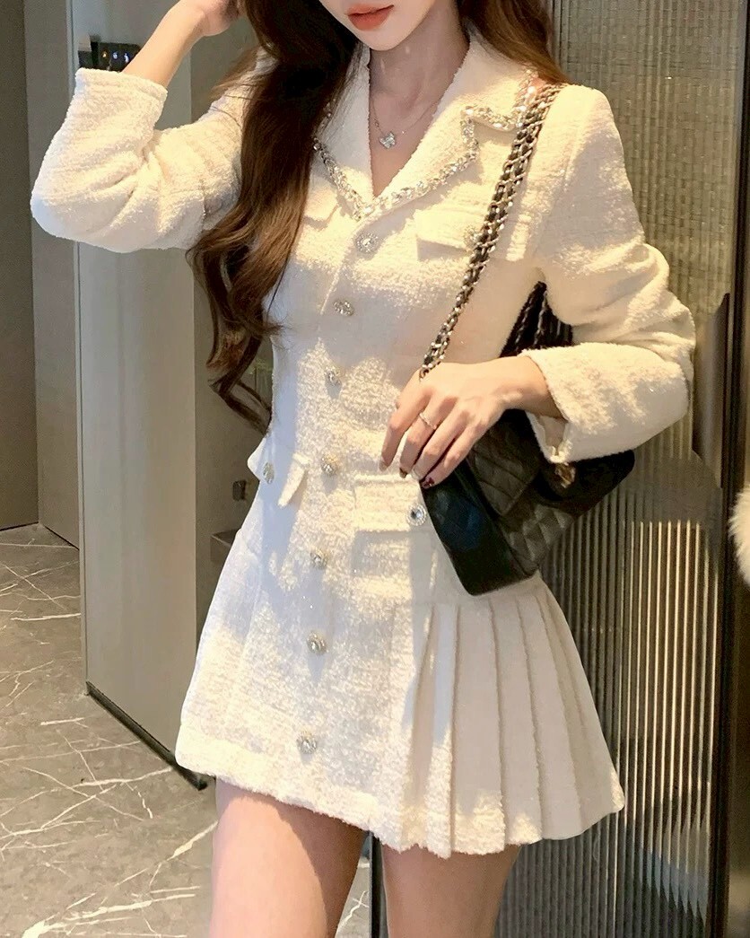 設計師家領鑽收腰百褶裙毛呢洋裝