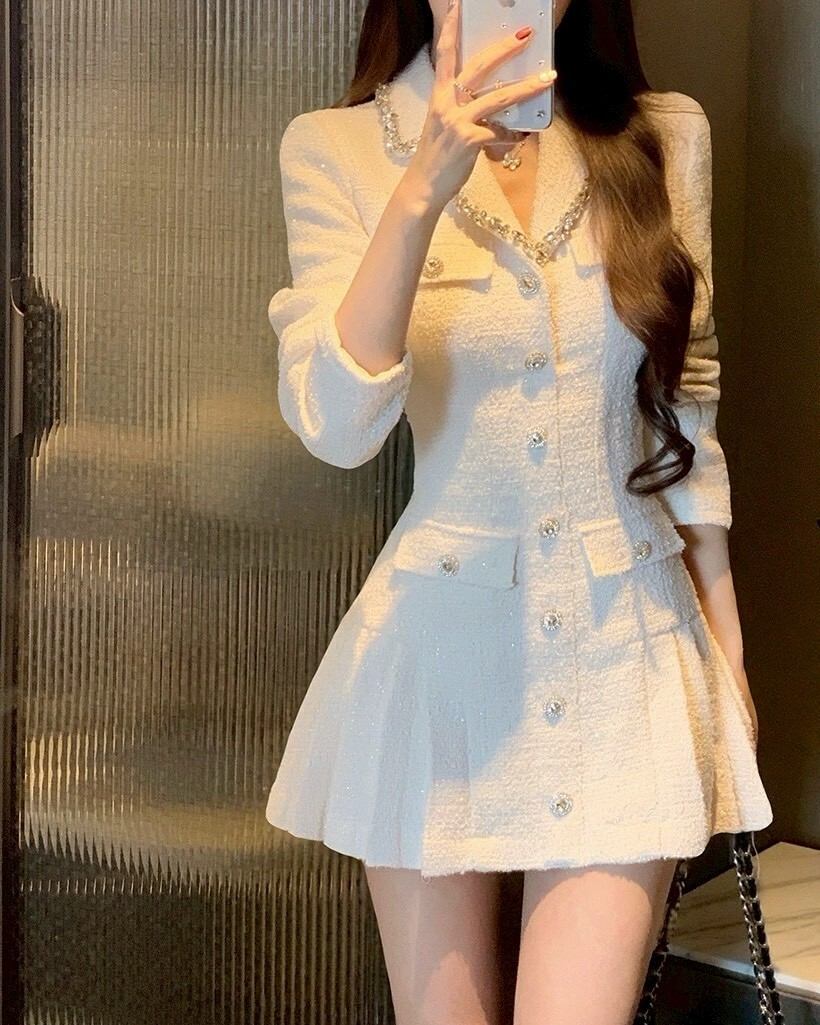 設計師家領鑽收腰百褶裙毛呢洋裝