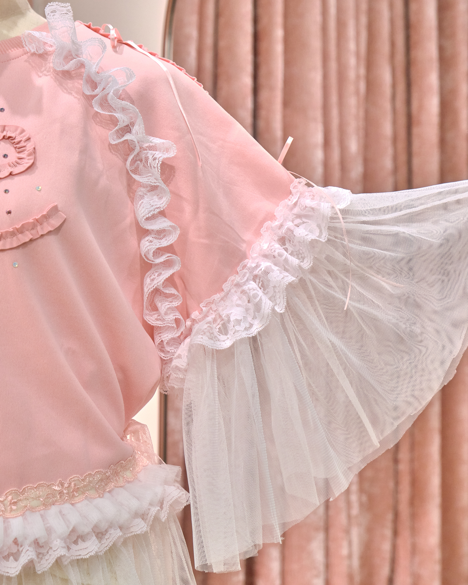 12865 Sheer Wide-Sleeve Rhinestone Long Round-Neck Hoodie With Sheer Skirt Cover