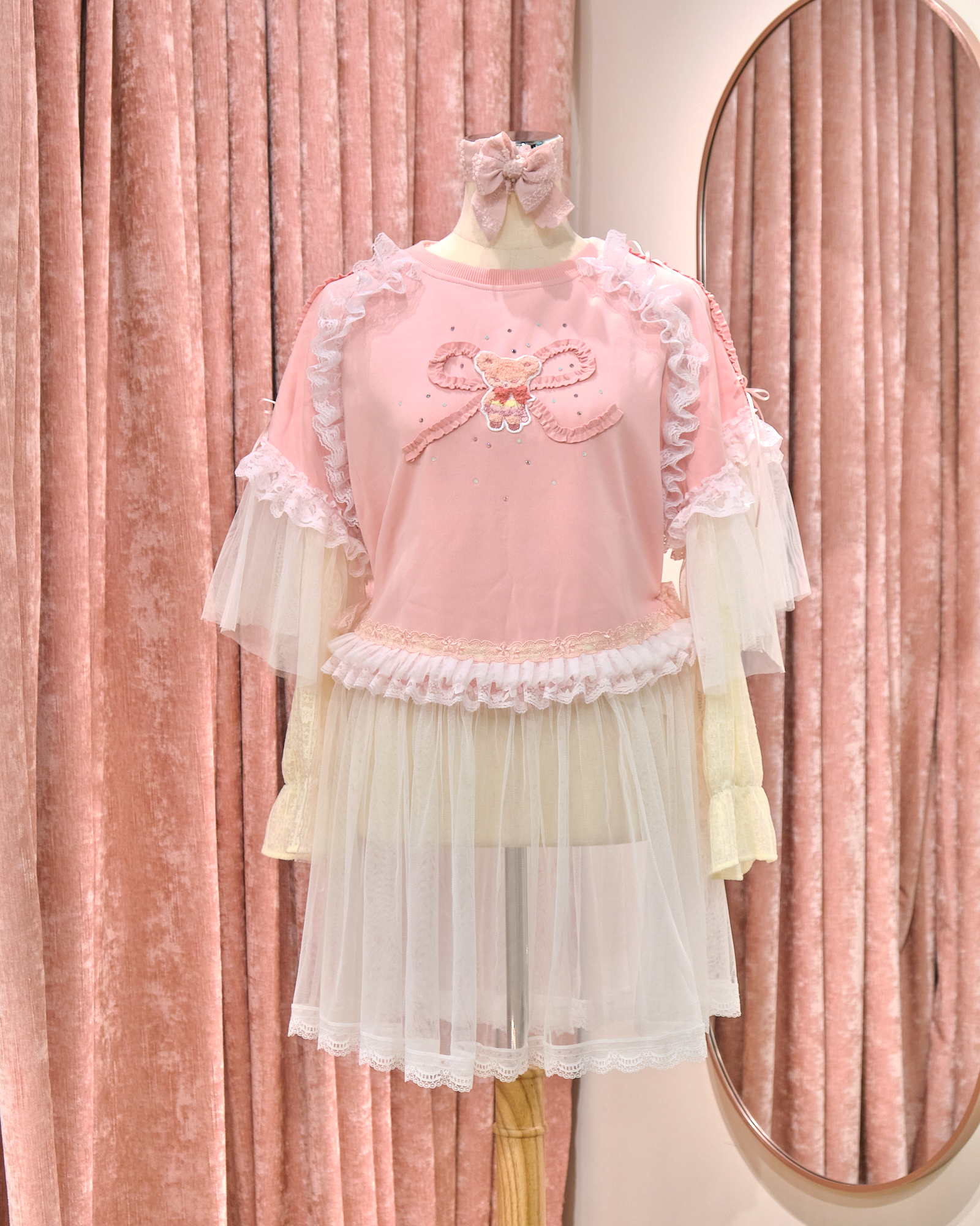 12865 Sheer Wide-Sleeve Rhinestone Long Round-Neck Hoodie With Sheer Skirt Cover