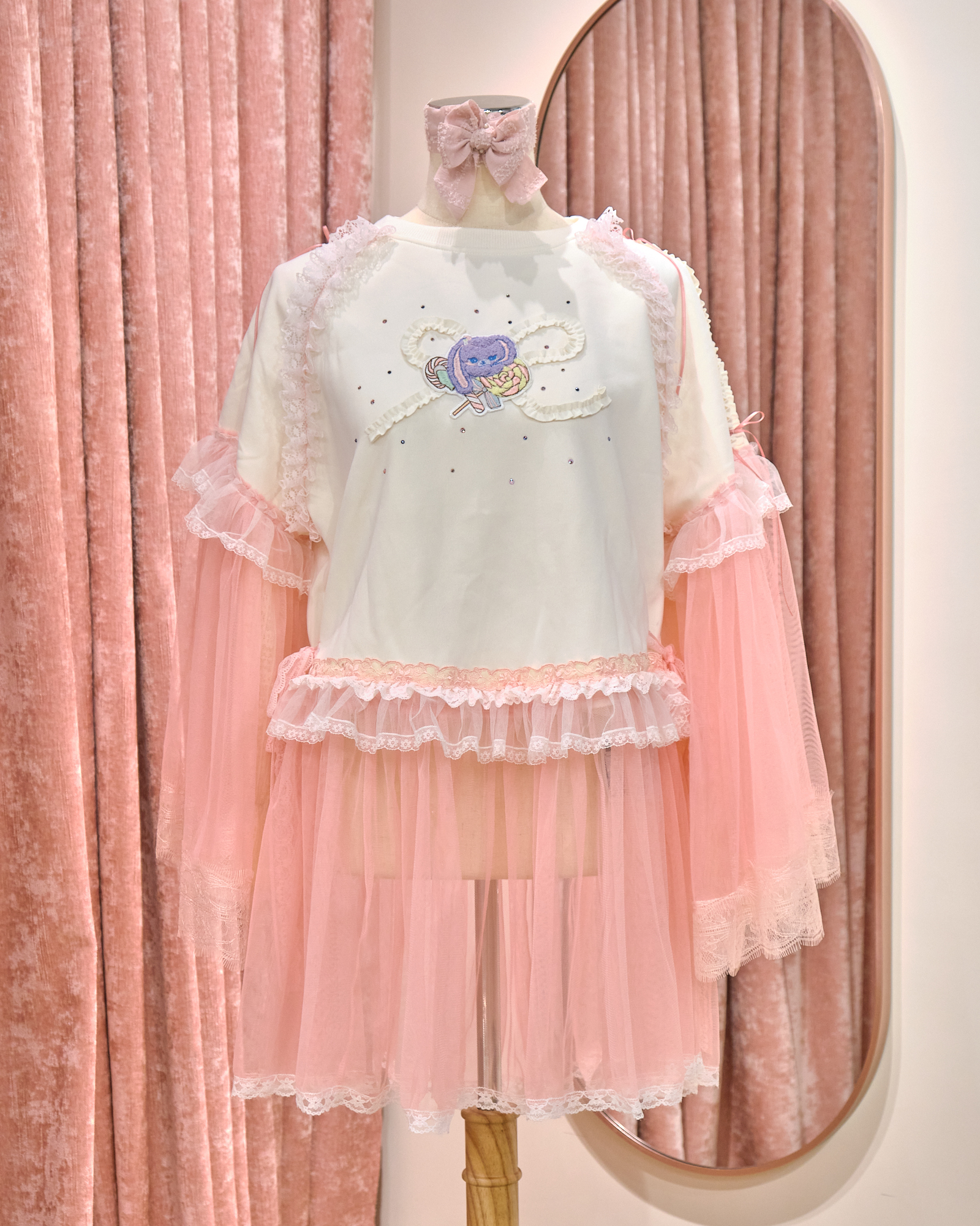 12864 Sheer Wide-Sleeve Rhinestone Long Round-Neck Hoodie With Sheer Skirt Cover