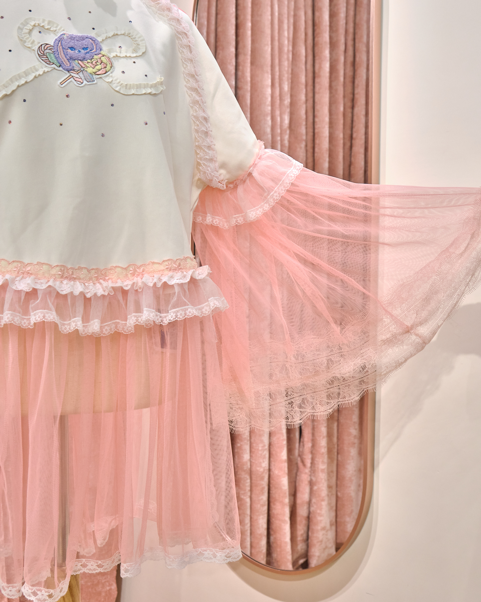 12864 Sheer Wide-Sleeve Rhinestone Long Round-Neck Hoodie With Sheer Skirt Cover