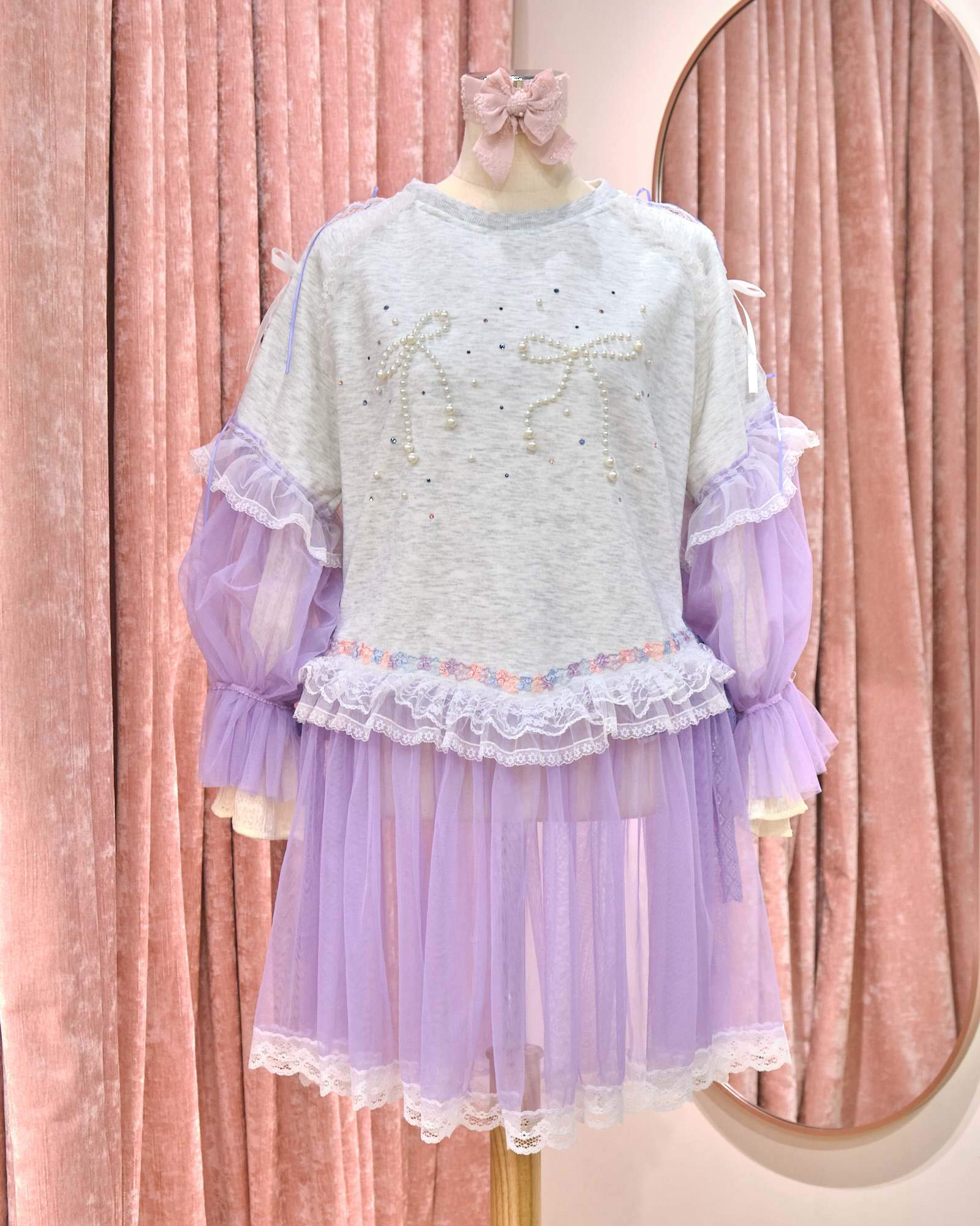 12863 Sheer Wide-Sleeve Rhinestone Long Round-Neck Hoodie With Sheer Skirt Cover