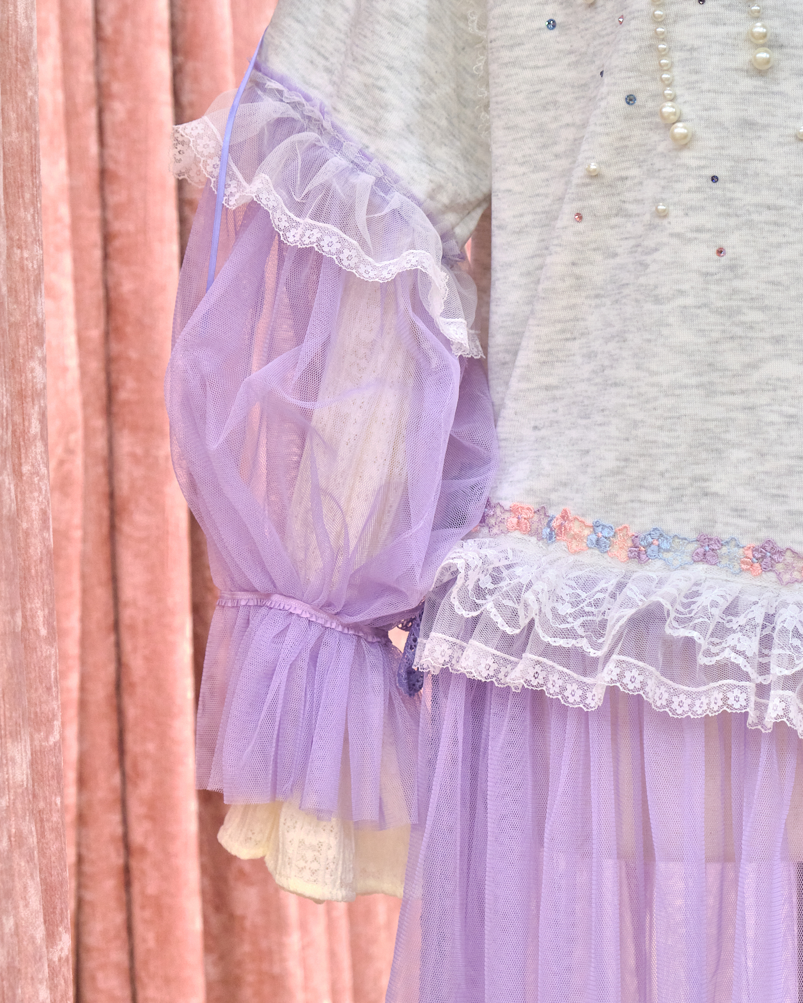 12863 Sheer Wide-Sleeve Rhinestone Long Round-Neck Hoodie With Sheer Skirt Cover