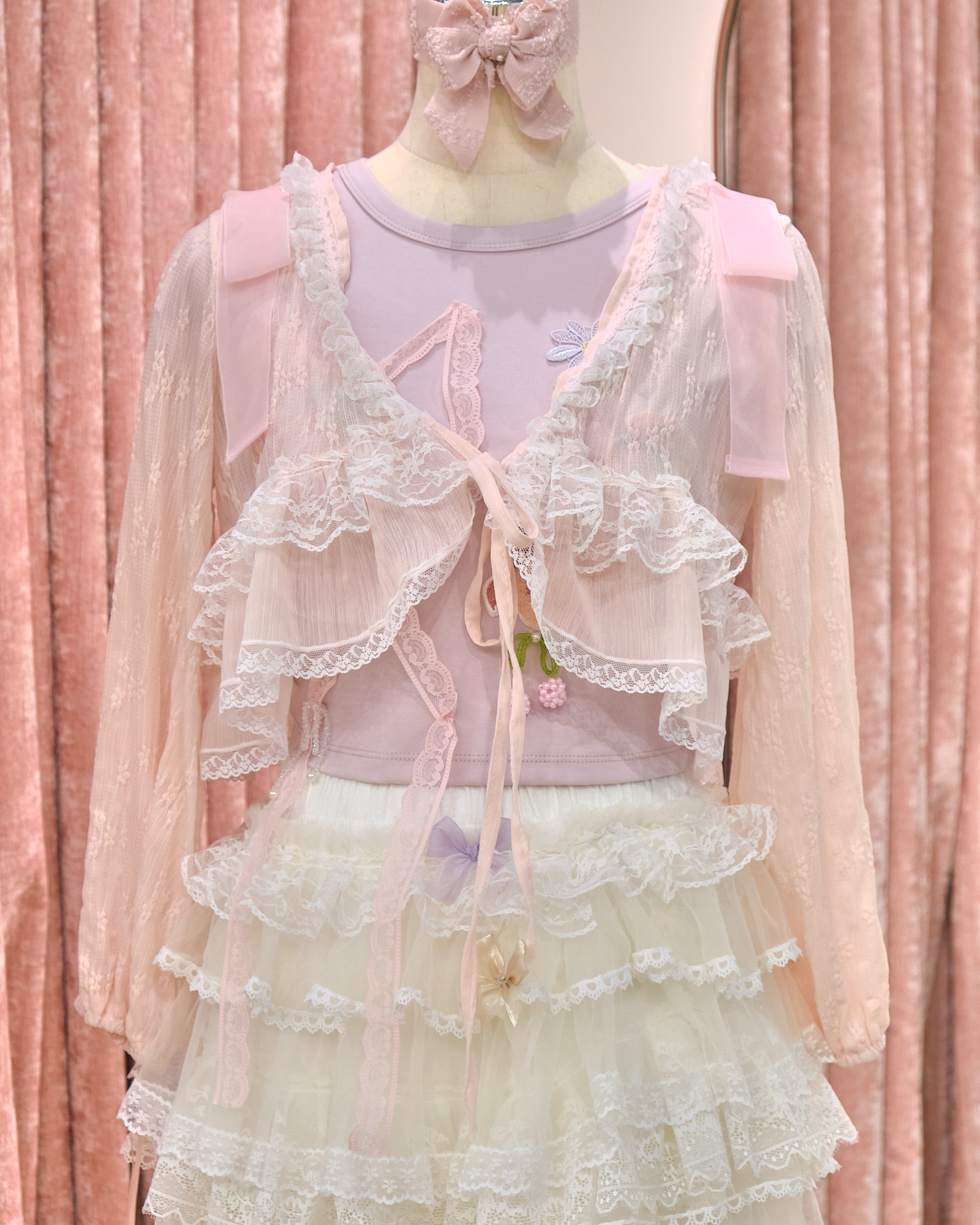 12860 Double Bow Shoulder Mid-Sleeve Lace Jacket