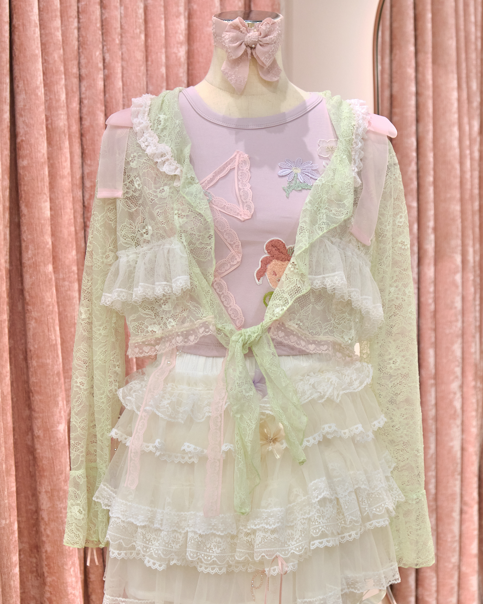 12859 Double Bow Shoulder Mid-Sleeve Lace Jacket