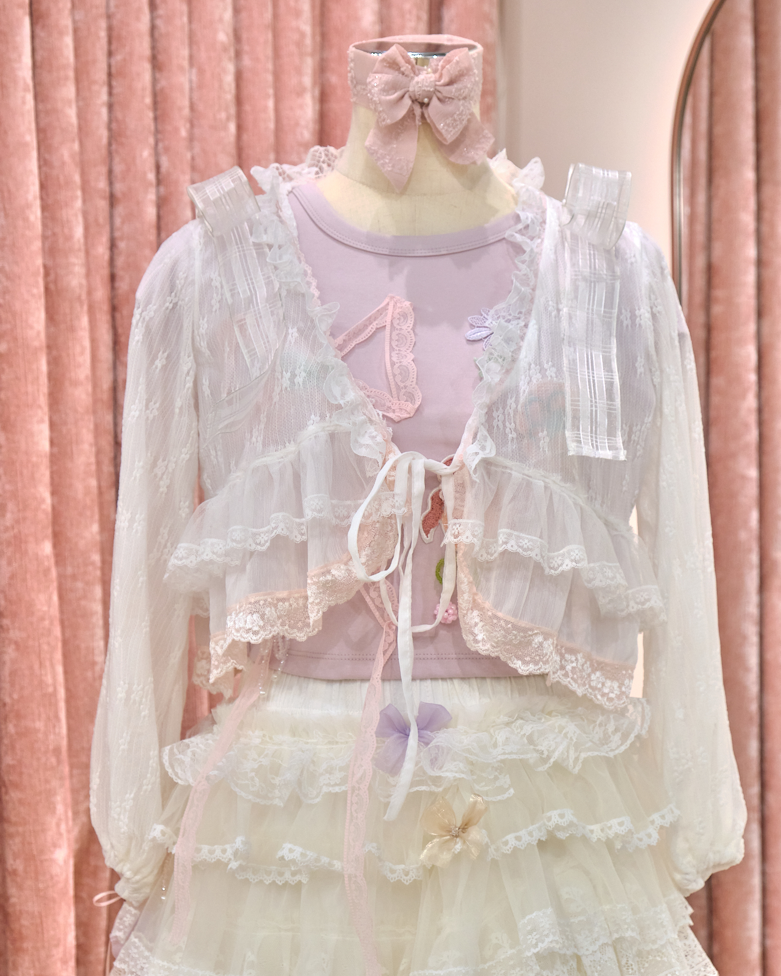 12858 Double Bow Shoulder Mid-Sleeve Lace Jacket